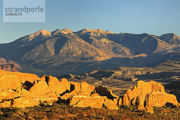 View over the Sand Arches to the La Sal Mountains  Arches National Park  Utah  USA  Arches National Park  Utah  USA  North America