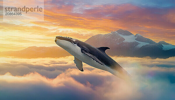 Whale floating above the clouds with a view to the sunset behind the mountain peaks. Generative Ai  AI generated