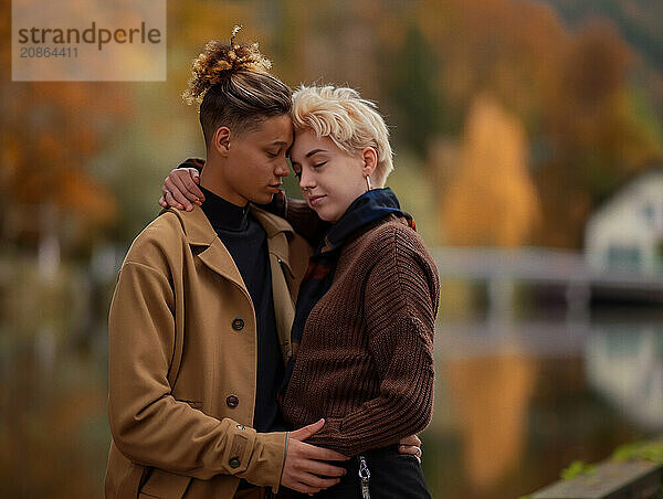 Couple sharing an intimate embrace outdoors during autumn  LGTBIQ  homosexual  AI generated