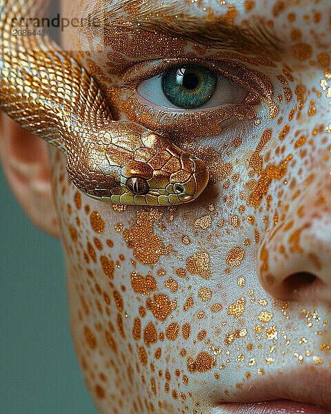 A personal close-up with glitter-freckled caucasian skin blue eyed model and a golden snake partially obscuring the view  blurry teal turquoise solid background  beauty product studio light  fashion artsy make up  high concept potraiture  AI generated