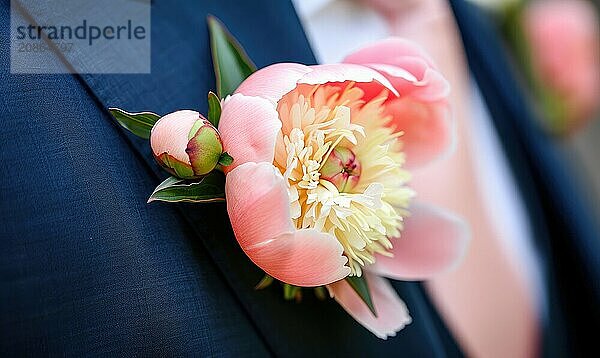 A peony boutonniere pinned to a grooms