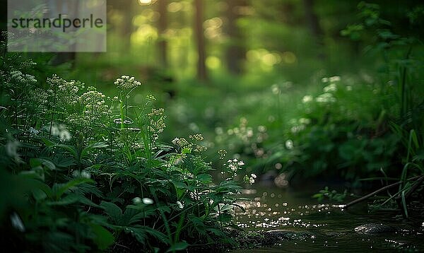 Closeup view of green grass and lives near the stream in spring forest AI generated