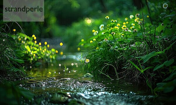 Closeup view of green grass and lives near the stream in spring forest AI generated