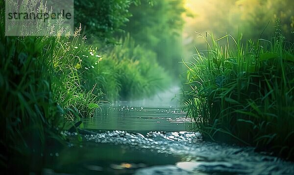 Closeup view of green grass and lives near the stream in spring forest AI generated