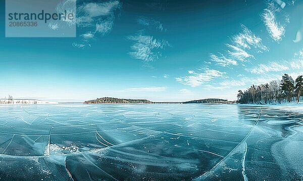 A panoramic view of the frozen lake and bright blue sky  winter nature background AI generated