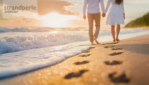 Handheld couple walking barefoot on the beach leaving footprints in the sand and foamy waves washing the shore in the morning at sunrise. Generative Ai  AI generated