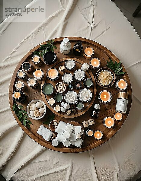 Top view of a wooden tray arranged with spa treatment products  candles  and natural elements  conveying a sense of relaxation  AI generated