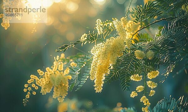 Closeup view of yellow mimosa flower branch with bokeh background AI generated