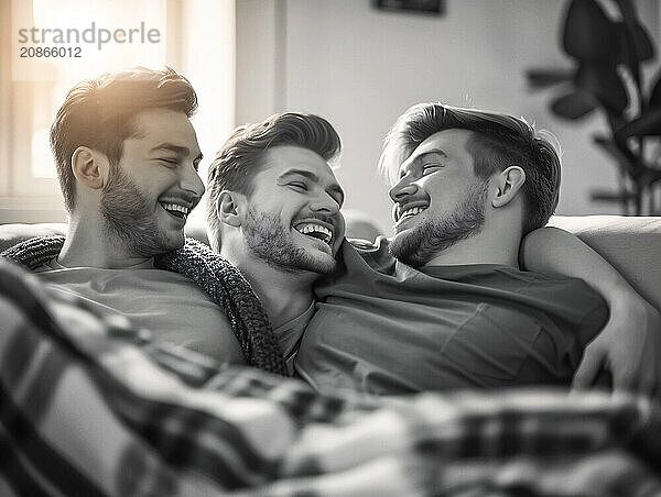 Three friends sharing a heartfelt laugh in a cozy black and white setting  Lgtbiq  homosexual  AI generated