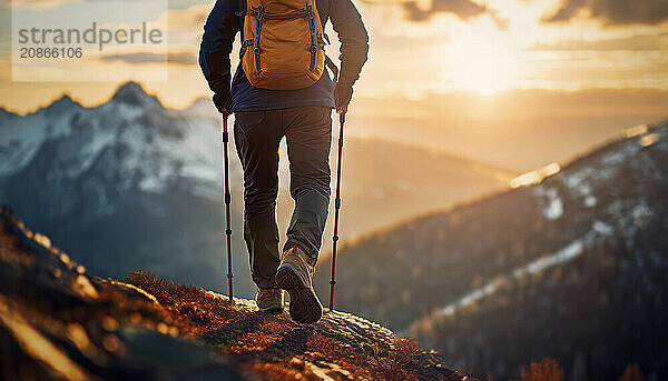 Hiker climbing mountains and reaching the top. Male hiking and overcoming obstacles as ascends the rocky peaks. Leader success and achievement concept. Generative Ai  AI generated