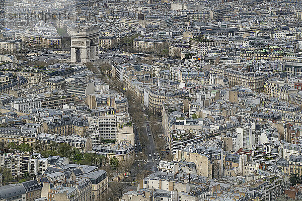 City view from the top of the Eiffel Tower towards the Arc de Triomphe  Paris  France  Europe