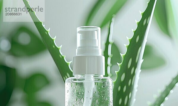 Close-up of a blank pump bottle mockup filled with aloe vera serum  beauty in nature  skin care and beauty AI generated