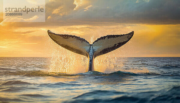 Whale tail splashing above the ocean water with a beautiful sunset on the horizon. Generative Ai  AI generated