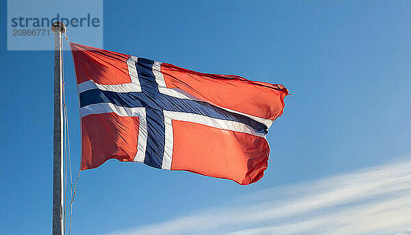 The flag of Norway flutters in the wind  isolated against a blue sky