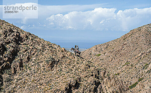 Traditional Kyrgyz eagle hunter riding with eagle in the mountains  hunting on horseback  near Bokonbayevo  Issyk Kul region  Kyrgyzstan  Asia