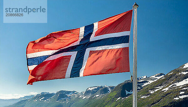 The flag of Norway flutters in the wind  isolated against a blue sky