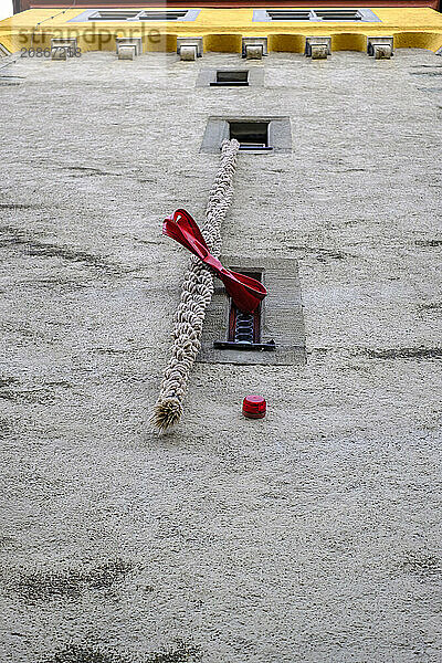 Rapunzel plait hanging down from the tower window  Mang Tower at the harbour in the old town of Lindau (Lake Constance)  Bavaria  Germany  Europe