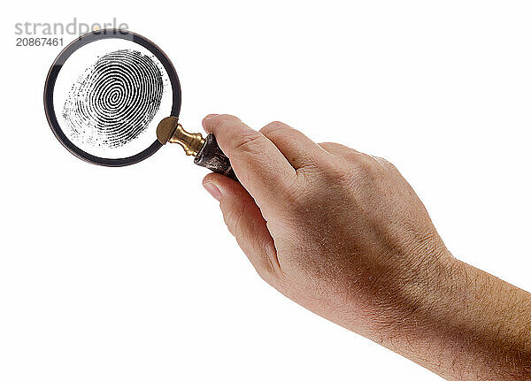 Male hand holding magnifying glass viewing A fingerprint on a white background