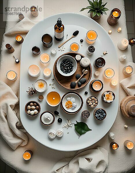 Serene spa setting captured from above  featuring candles  essential oils  and natural elements  AI generated