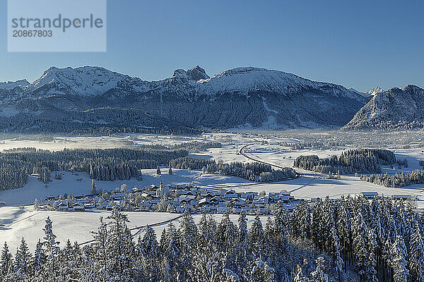 View from the Eisenberg castle ruins over Zell to the Tannheim mountains  Allgäu  Swabia  Bavaria  Germany  Pfronten  Bavaria  Germany  Europe