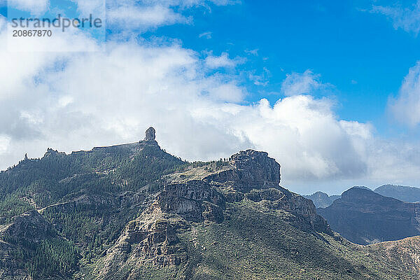 Beautiful landscape of Roque Nublo with fog from a viewpoint. Gran Canaria  Spain  Europe