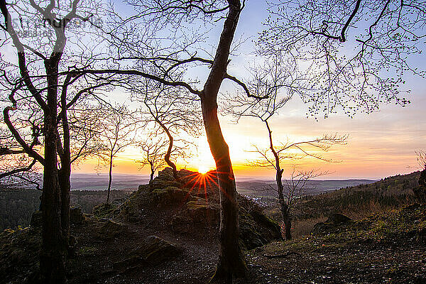 Panorama of a romantic landscape at sunset in the evening light. beautiful spring landscape in the mountains. Lawn and rolling hills. View from a cliff to the horizon. The Great Peak  Hesse  Germany  Europe