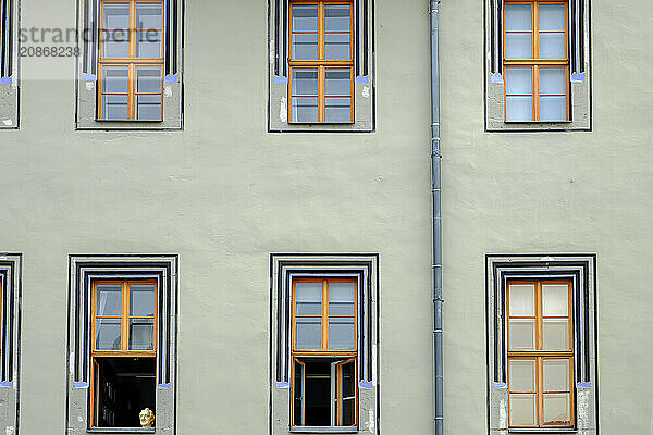 The bust of Johann Wolfgang von Goethe in the lower left window in rows of windows of the Red Palace  a Renaissance building in Weimar  Thuringia  Germany  Europe