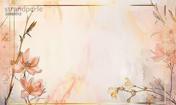 Golden minimalistic frame on watercolor floral background AI generated