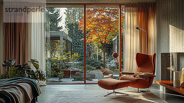 Cozy modern interior with a nature view through large windows during autumn  architecture  Brutalism  AI generated