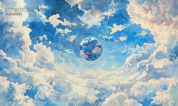 Watercolor painting of a small Earth globe floating amidst clouds in a blue sky AI generated