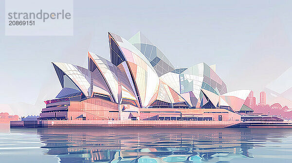 Geometric and modern Sydney Opera House with its reflection on water  illustration  AI generated