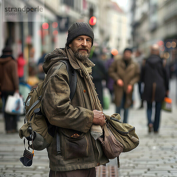 A homeless man with several rucksacks looks into the camera with a hint of hope in his eyes  AI generated