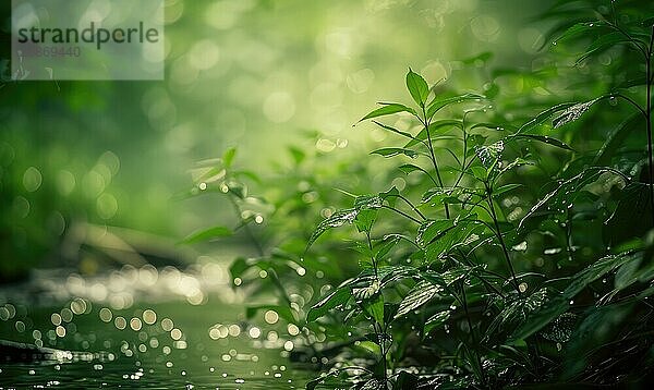 Closeup view of green grass and lives near the stream in spring forest AI generated