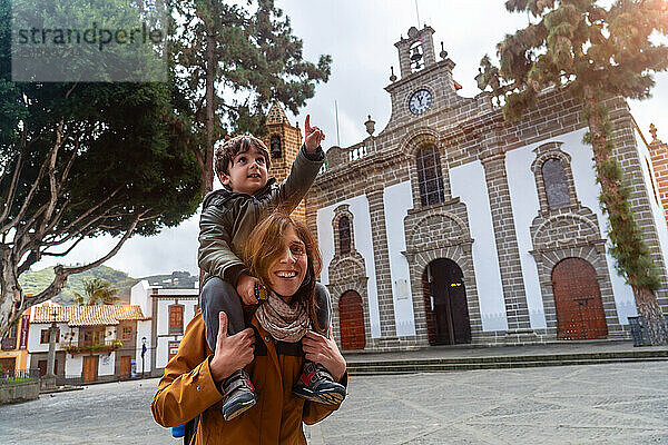 Family tourism visiting the Basilica of Nuestra Senora del Pino in the municipality of Teror. Gran Canaria  Spain  Europe