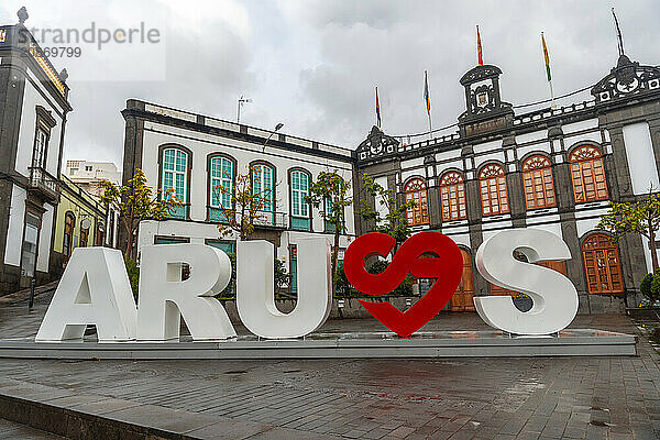 Tourist sign with the beautiful letters of the municipality of Arucas  Gran Canaria  Spain  Europe