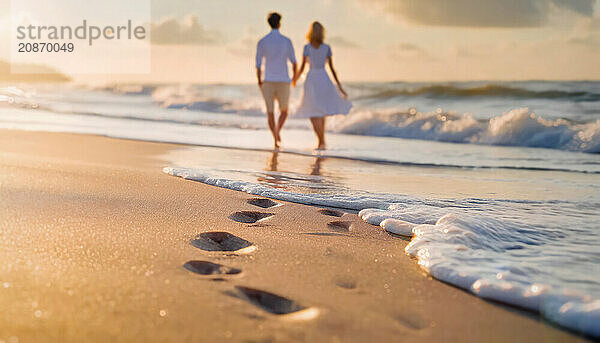 Handheld couple walking barefoot on the beach leaving footprints in the sand and foamy waves washing the shore in the morning at sunrise. Summer vacation in a tropical paradise. Generative Ai  AI generated