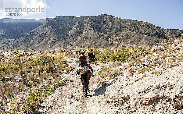 Traditional Kyrgyz eagle hunter riding with eagle in the mountains  hunting on horseback  near Bokonbayevo  Issyk Kul region  Kyrgyzstan  Asia