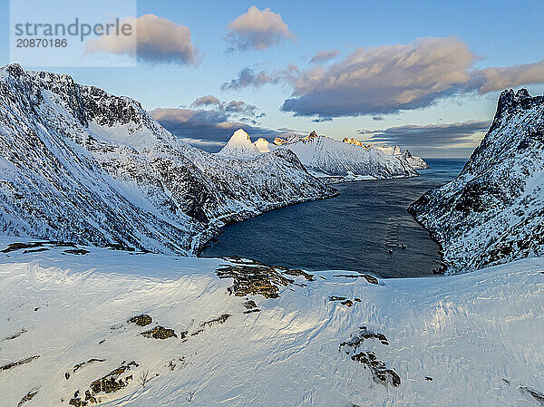 Aerial view of Bergen by the sea  coast  fjord  morning light  winter  snow  Senja  Troms  Norway  Europe