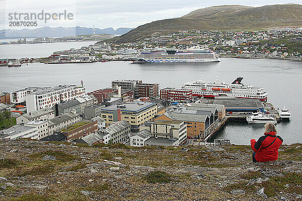 View of Hammerfest with cruise ship Aida in the harbour  Northern Norway  Scandinavia