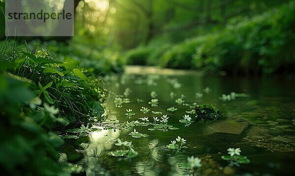 Closeup view of green grass and lives near the stream in spring forest AI generated