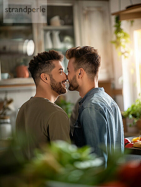 Two men in a kitchen  close to each other  sharing a moment of affection with smiles  LGTB  homosexual  lesbian  AI generated