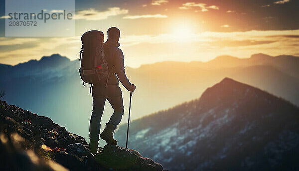 Rear view of a hiker with backpack climbing mountains and reaching the top. Conceptual scene with a man hiking and overcoming obstacles as ascends the rocky peaks. Leader success and achievement. Generative Ai  AI generated