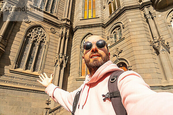 Selfie of a tourist visiting the Church of San Juan Bautista  Arucas Cathedral  Gran Canaria  Spain  Europe