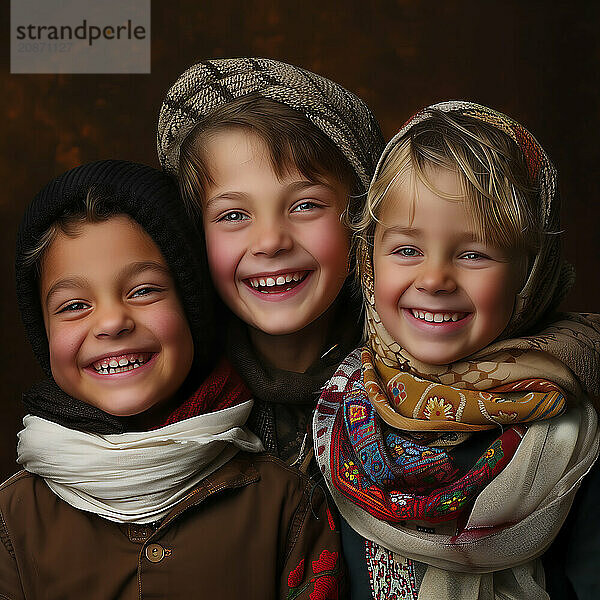 Three children in winter clothes with beaming smiles in a warm embrace  group picture with smiling children of different nationalities and cultures  KI generated  AI generated