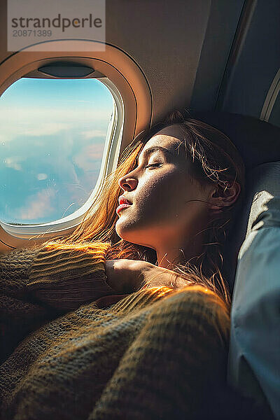 A young woman sleeps peacefully by a sunlit aeroplane window  AI generated  AI generated