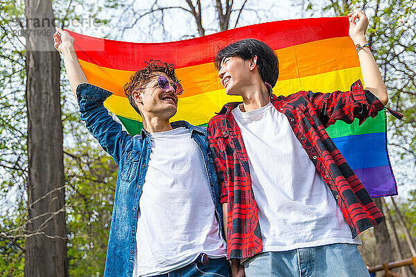 Low angle view photo of a gay couple looking at each other smiling and raising lgbt flag in a park