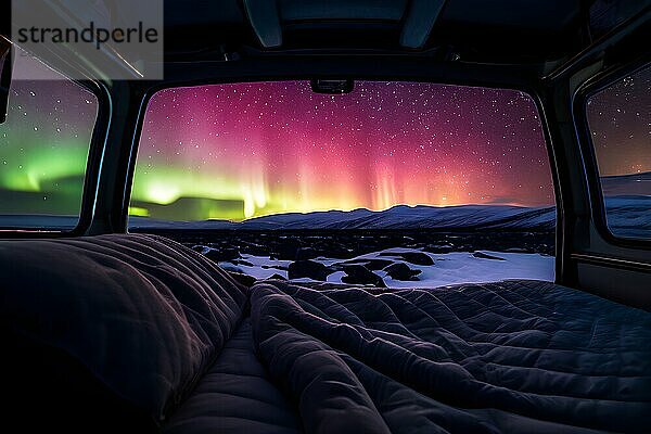 AI generated view of the essence of van life in a beautyfull winter landscape with aurora borealis