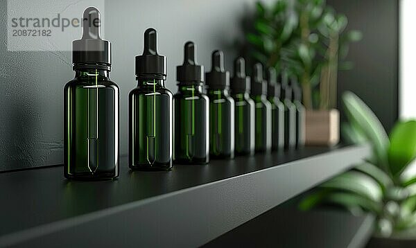 A row of blank dropper bottle mockups containing facial oil  nature beauty AI generated