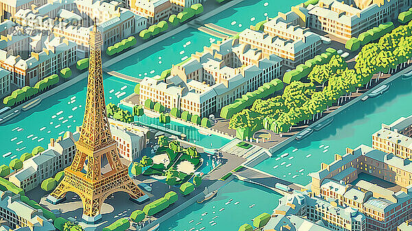 Stylized illustration of the Eiffel Tower with surrounding Paris cityscape and river Seine  Paris  illustration  AI generated