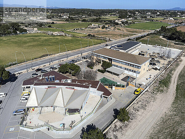 CEIP Colònia de Sant Jordi  Aerial view of the Childhood and Primary Education College  Ses Salines  Mallorca  Balearic Islands  Spain  Europe